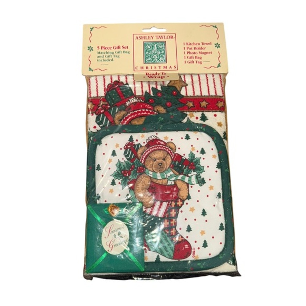 NEW Vtg. Ashley Taylor Christmas 5 Pc Gift Set‎ Kitchen Towel Pot Holder Magnet